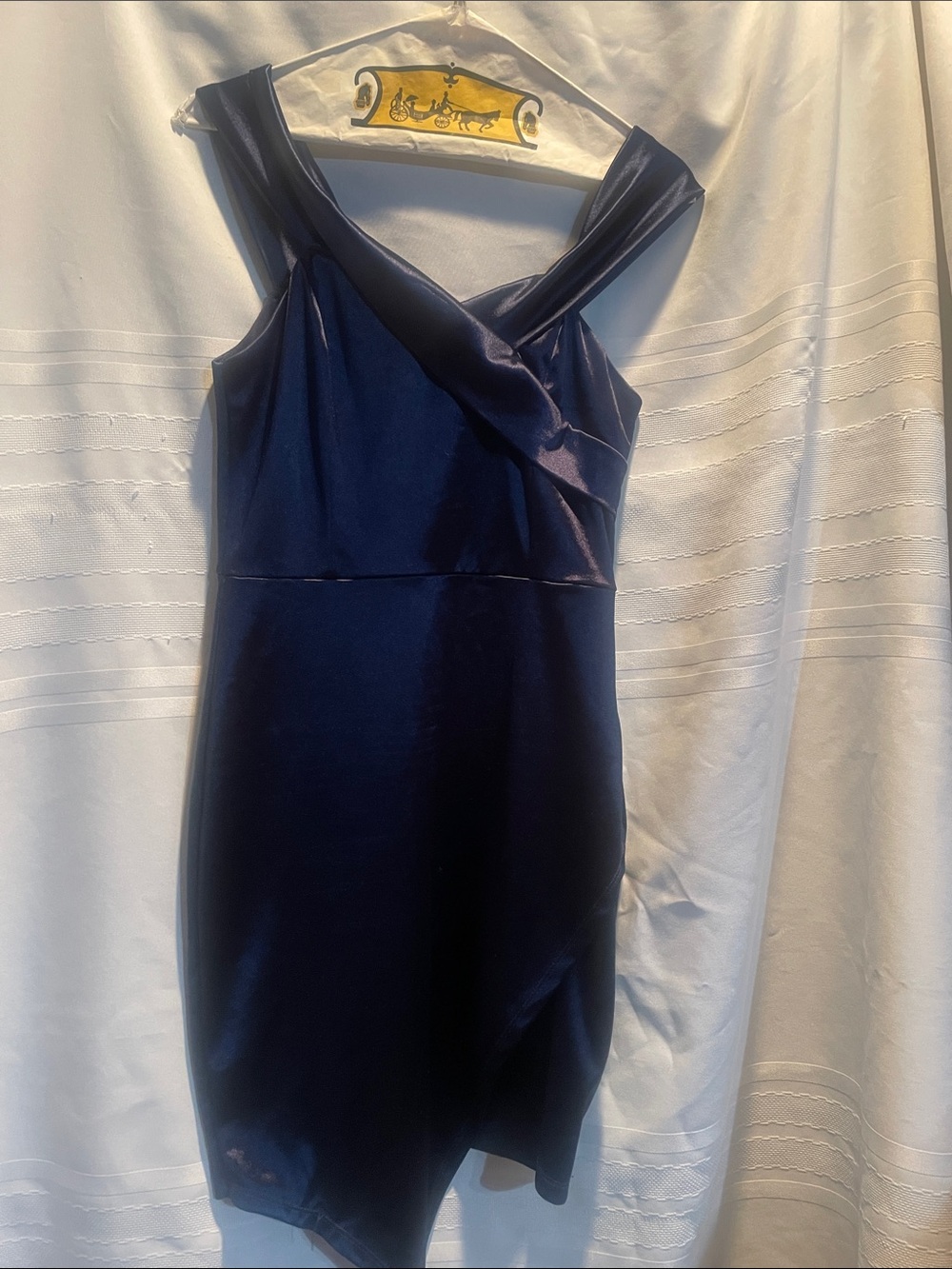 Elegant Navy Satin Sheath Dress - off shoulder V-Neck
